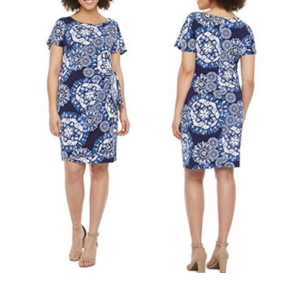 Robbie Bee Women's XL Blue White Floral Print Tie Waist Lined Dress‎